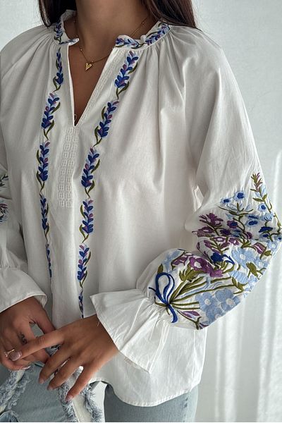 FEMELLE Bluză de damă din bumbac cu broderie cu flori albastre