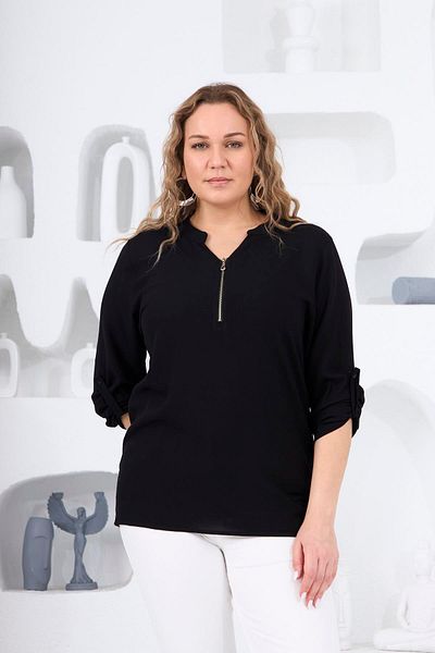 RMG Plus Size Black Blouse with Collar Zipper Detail