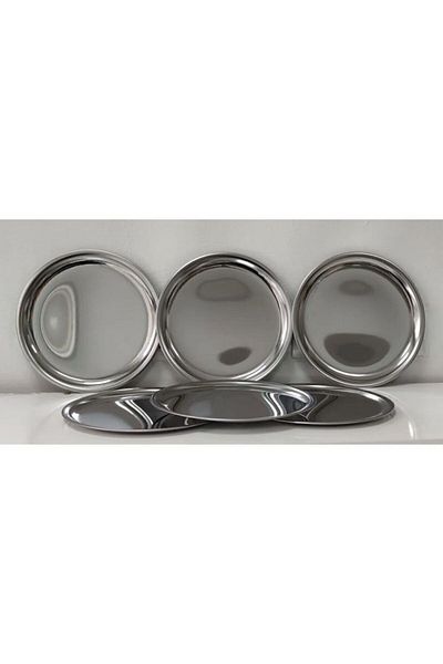POLNAR Round Stainless Steel 6-Piece Coffee, Tea, Pastry Decorative Presentation Serving Tray