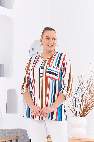 RMG Plus Size Blue Striped Blouse - Pocket Detail