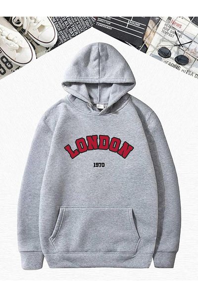 BENROMA Сив суитшърт с качулка и щампа London Oversize