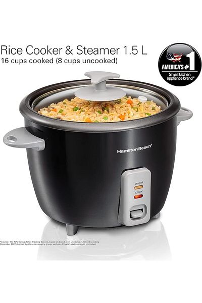 Hamilton Beach Rice Cooker & Steamer 1.5L, 16cups cooked (8cups uncooked) Rice Capacity, Removable Non-Stick Pot