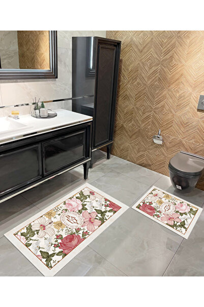 Brillant 2 li Çiçek Desenli 60x100 - 60x50 Beauty Lateks Taban Banyo Paspas