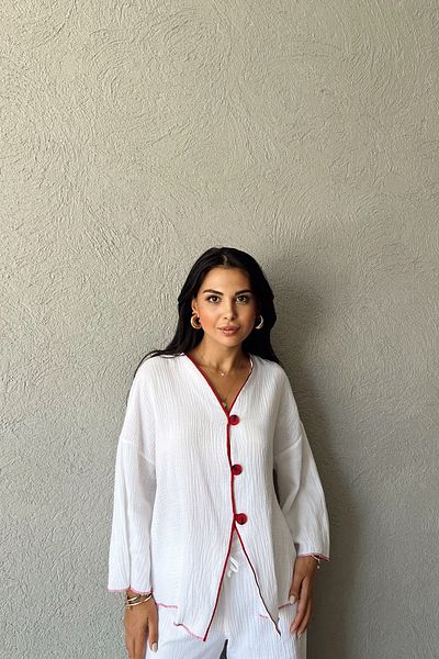 Seda Yalçın Atelier White Muslin Shirt and Pants Set with Red Piping