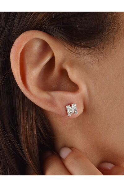 jelux silver Gümüş 925 Ayar Zirkon Taşlı M Harf Tekli Küpe