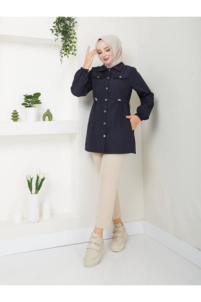 RACE FASHİON Button Closure Trench Coat with Elastic Waist