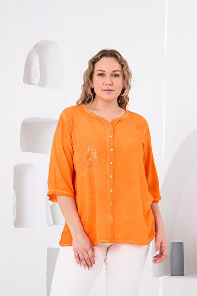 RMG Cep Pulpayet Detaylı Yırtmaçlı Oranj Büyük Beden Yıkamalı Bluz