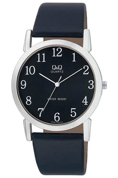 Q&Q Men's Gray Metallic and Black Vegan Leather - Strap Wristwatch