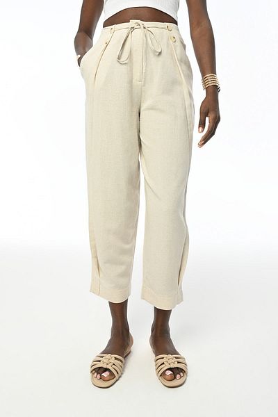 Orfeo Negro WOMEN NATUR COLOR WAIST BELTED COMFORTABLE FIT LINEN PANT