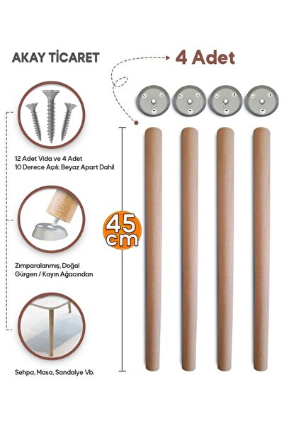 AKAY TİCARET Sehpa Ayağı Ahşap Konik Ayak 4 Adet 45 Cm Beyaz Aparat