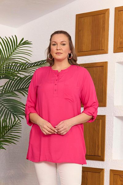 RMG Fuchsia Viscose Tunic - Pocket and Sleeve Detail, Slit, Large Size