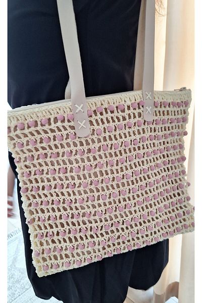 SOUL BY A&B Light CreAm Colored Wooden pink DetAiled Shoulder BAg - Zippered And Lined pAper String BAg