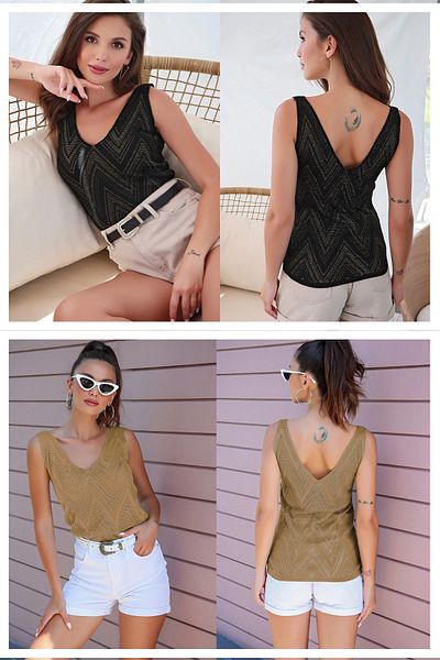 TRQOM V-neck Sleeveless Glitter Women's Blouse - Pack of 2 Black-camel