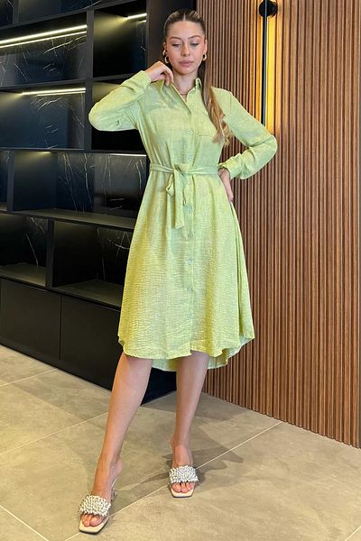 GÜLSELİ Rochie cămașă de in - verde fistic, cu centură în talie