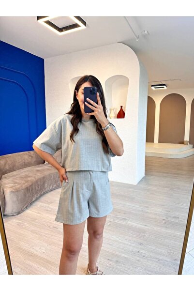 devesta Gri Çizgili Şort Tişört Takım