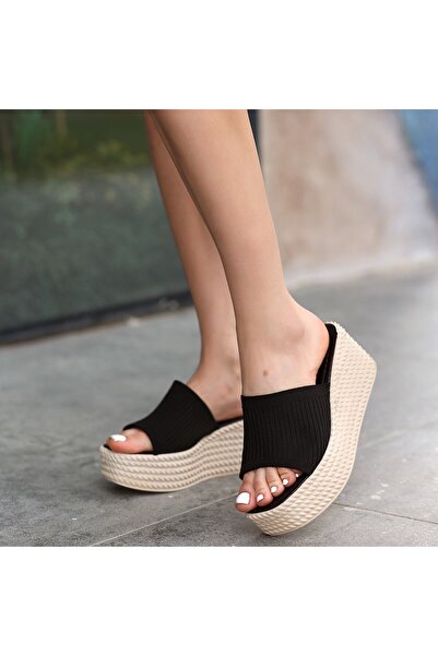 Moka Shopin Jione Μαύρα Πλεκτά Παντόφλες Wedge Heel - MokaShopin