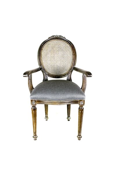 Hanel Mobilya Hazeranlı Oymalı Kollu Madalyon Yemek Masası Sandalyesi Gri Keten