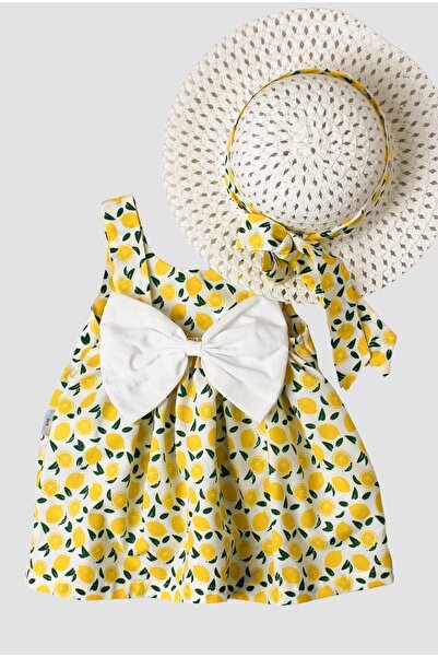 DENİMİNİ Yellow Patterned Girl's Dress with Hat - DNM122