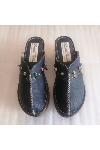 Butik Tülin Kadın otantik el yapımı hakiki dana derisi kırışık lacivert nazar...