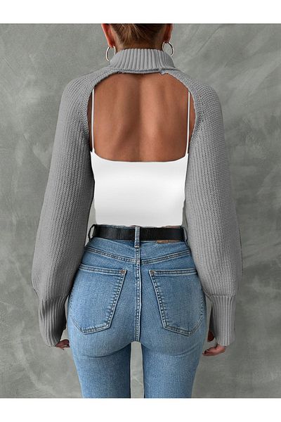 TRQOM Γκρι Crop Γυναικεία Μπλούζα - Bolero, Σχέδιο Ψηλόλαιμο