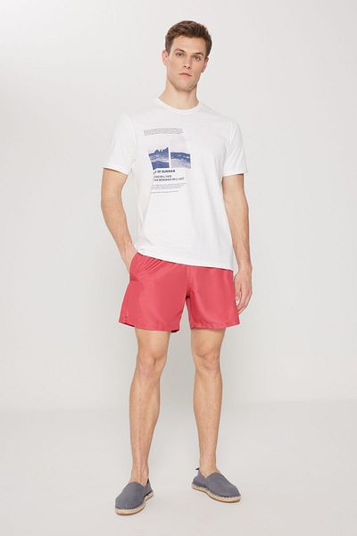 AC&Co / Altınyıldız Classics Rote Badeshorts für Herren – schnelltrocknend, Seitentasche, gemusterter Badeanzug