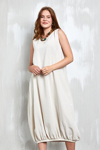 minaaise Natur Keten Altı Lastik Detaylı Elbise 27310