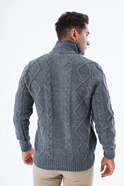 Trist Star DarK GraY Men's Knitwear Cardigan - Fur Collar, Zippered PocKet, Wool Knitwear TRIST-5329