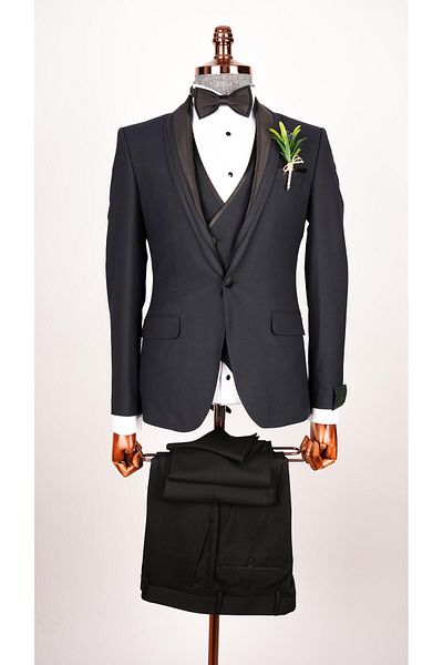 echol Navy Blue Groom Suit Shawl Collar Men's Tuxedo Suit