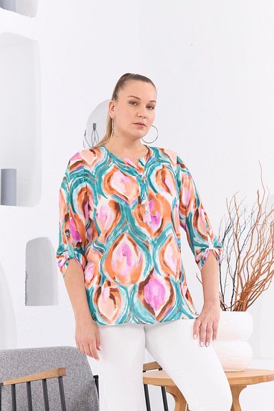 RMG Plus Size Patterned Voile Viscose Tile Blouse - Sleeve Epaulettes