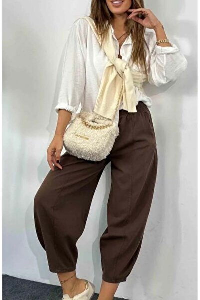 bostancı Еластични панталони с габардинена материя и харемски крой, цвят горчив кафе