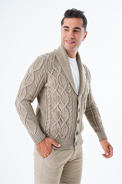 Trist Star Men's Mink Color SHawl Collar Knitwear CarDigan - Hair BraiDeD, ButtoneD TRIST-5341
