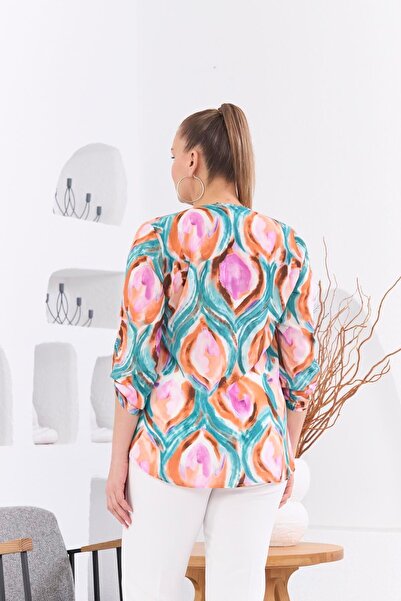 RMG Plus Size Patterned Voile Viscose Tile Blouse - Sleeve Epaulettes