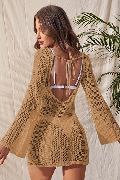 TRQOM Γυναικείο φόρεμα παραλίας με ανοιχτό καμηλό με φαρδύ γιακά και μακριά μανίκια - Πλάτη