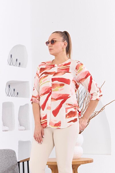 RMG BoDy Shaping Viscose Tile Blouse - PatterneD anD ButtoneD, Plus Size