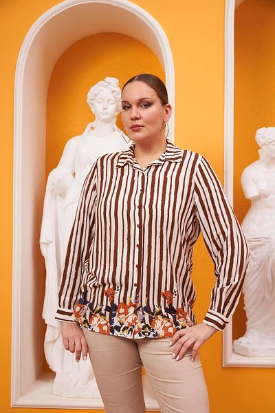 RMG Plus Size Floral Patterned Voile Viscose Brown Shirt