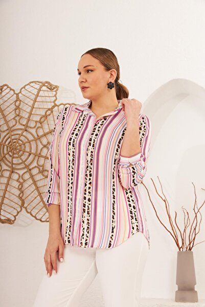 RMG Çizgi Desenli Vual Viskon Büyük Beden Fuşya Gömlek