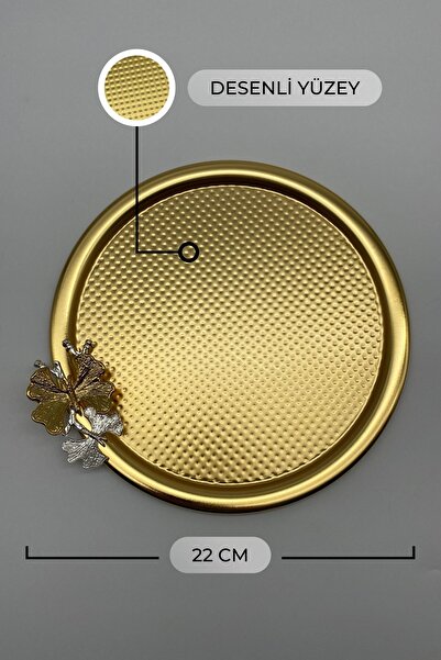 Fiyakalı Ürünler Atölyesi 3'lü Kelebekli Yuvarlak Gold Çay ve Kahve Sunum Tepsisi, Dekoratif Servis Tepsisi 22cm Tek Kişilik