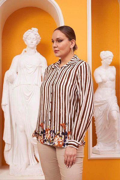 RMG Plus Size Floral Patterned Voile Viscose Brown Shirt