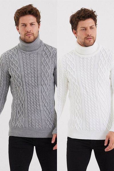Tarz Cool Men's 2-Piece White-gray Knitted Patterned Knitwear Sweater