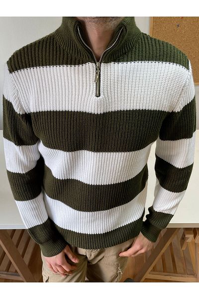 Tarz Cool Khaki-White Zippered Striped Patterned Knitwear Sweater