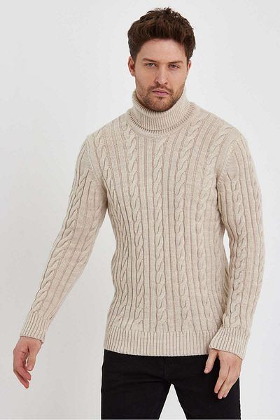 Tarz Cool Men's Stone Knitted Turtleneck Knitwear Sweater-trz8190r06m