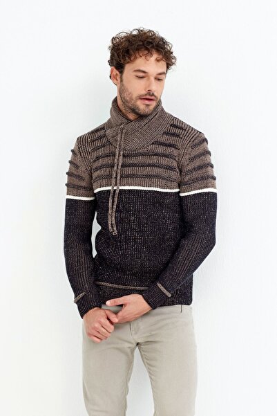 Tarz Cool Ανδρικό πλεκτό πουλόβερ με μαύρο σάλι γιακά με ριγέ στήθος -ipbyk001r01