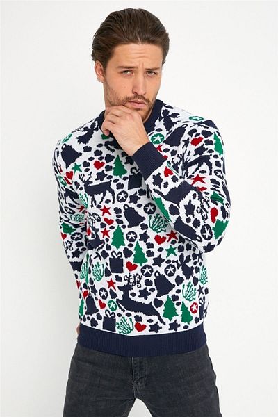 Tarz Cool White Navy Blue Men's Christmas New Year Sweater Noelkzkr04s
