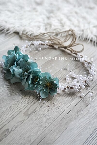 çiğdem kaya design Coroana de maternitate pentru mama, cu flori de şebboy de culoare mentă, cu perle, cu șnur (coroana de maternitate)