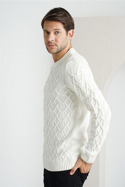 Tarz Cool Men's White Basket Knit Crew Neck Knitwear Sweater-trz1554r01s