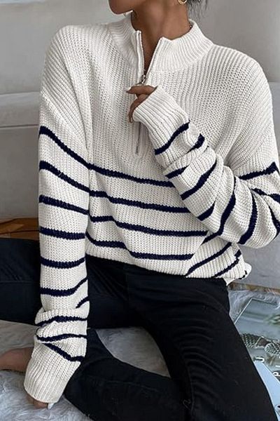 Tarz Cool Pulover de damă oversize, cu fermoar, alb-negru, tricotaje de pescuit