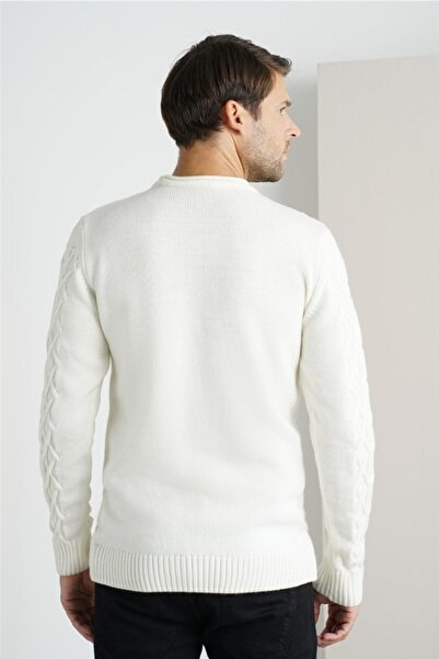 Tarz Cool Pulover alb pentru bărbați, tricot cu coș, tricot cu decolteu, trz1554r01s