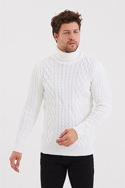 Tarz Cool Men's White Knitted Patterned Knitwear Sweater-trz8152r01s