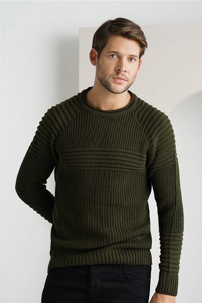 Tarz Cool Men's Khaki Ribbed Crew Neck Knitwear Sweater trzcm28888r12s