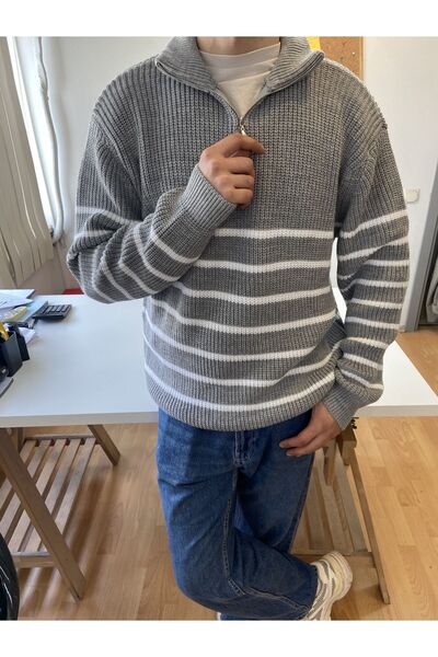 Tarz Cool Gray-White Men's Regular Zippered Fishing Knitwear Sweater